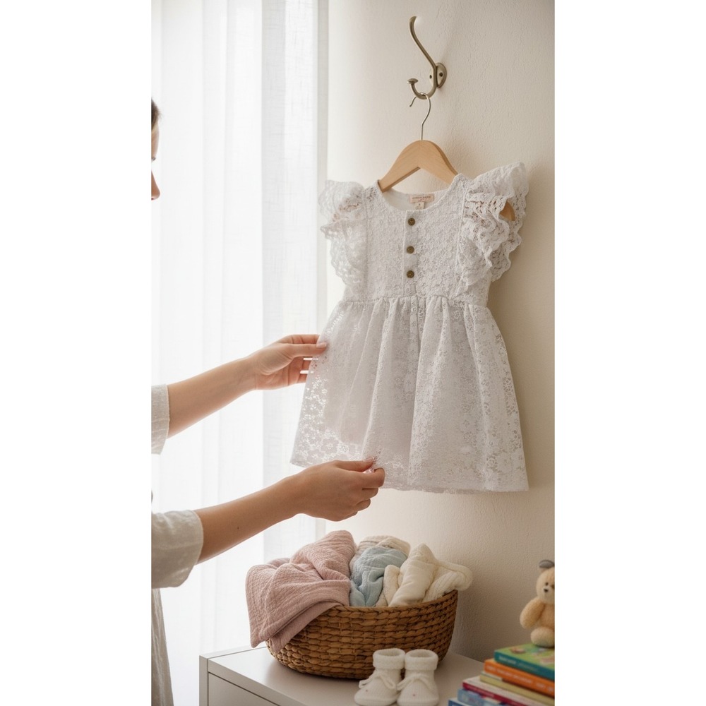 Girls White Lace Dress Cottagecore Flower Girl Easter Prairie Size 5 Photo Shoot